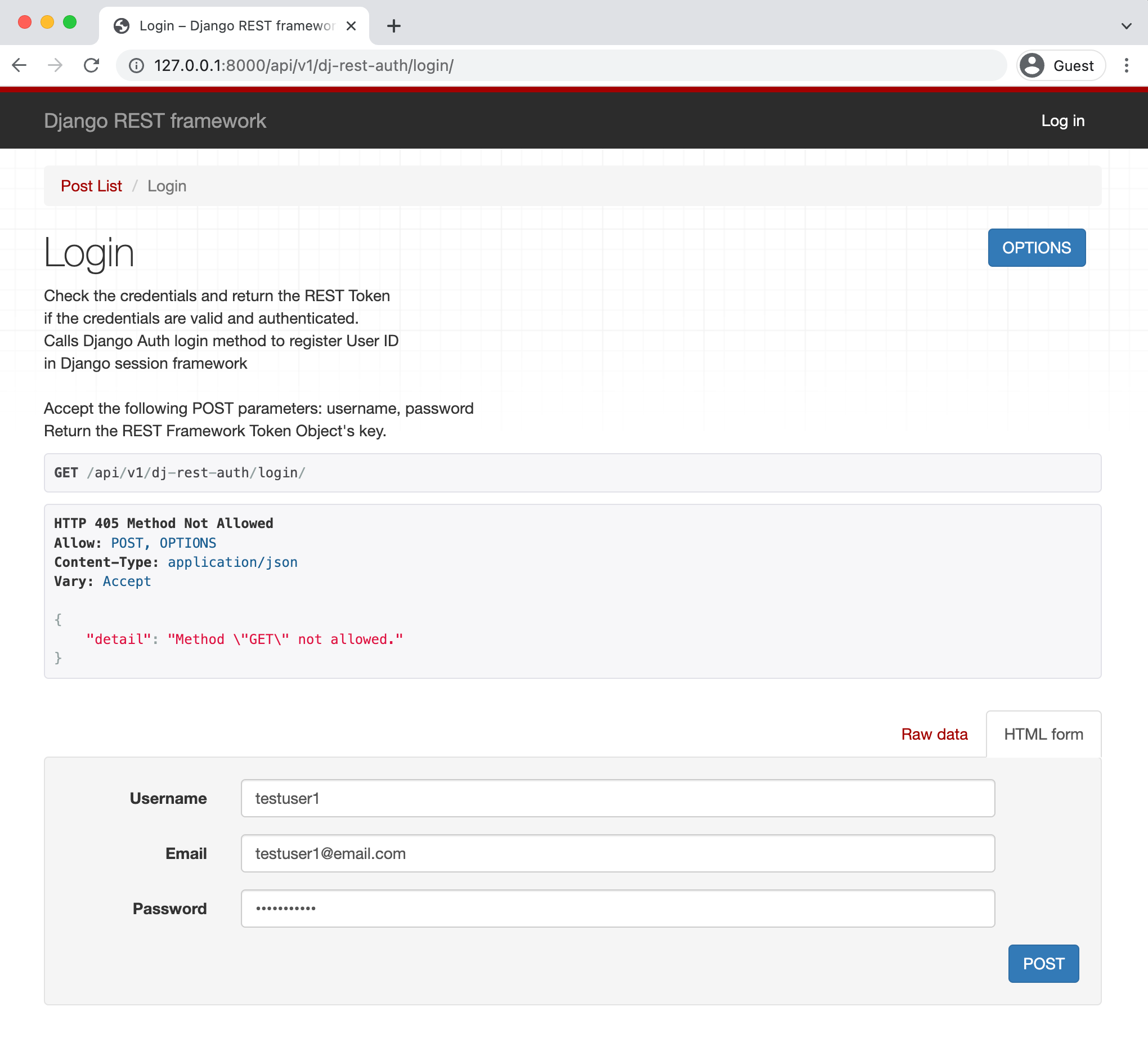 API Log In testuser1